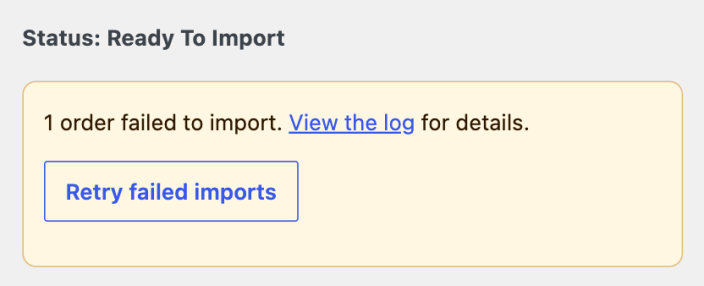 Analytics historical data import warning with the Ready to Import status, View log link, and Retry failed imports button.