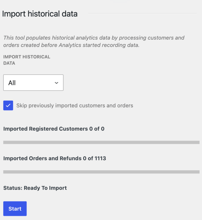 Historical data import set to All with Skip previously imported customers and orders selected, ready to import.