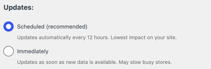 Analytics update options with Scheduled updates selected and Immediately available.