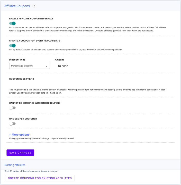 The Affiliate coupons settings with the referral switch, discount fields and Existing affiliates card