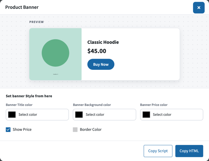 The Product Banner dialog with a product selected, color pickers and a live preview