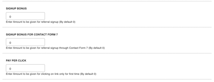 The Bonus settings tab with the signup, Contact Form 7 and pay per click amounts