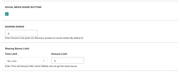 The Social Media Share Buttons switch with the sharing bonus amount and its limits