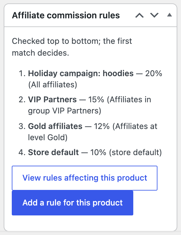 The Affiliate commission rules box on a product edit screen, listing the rules that apply