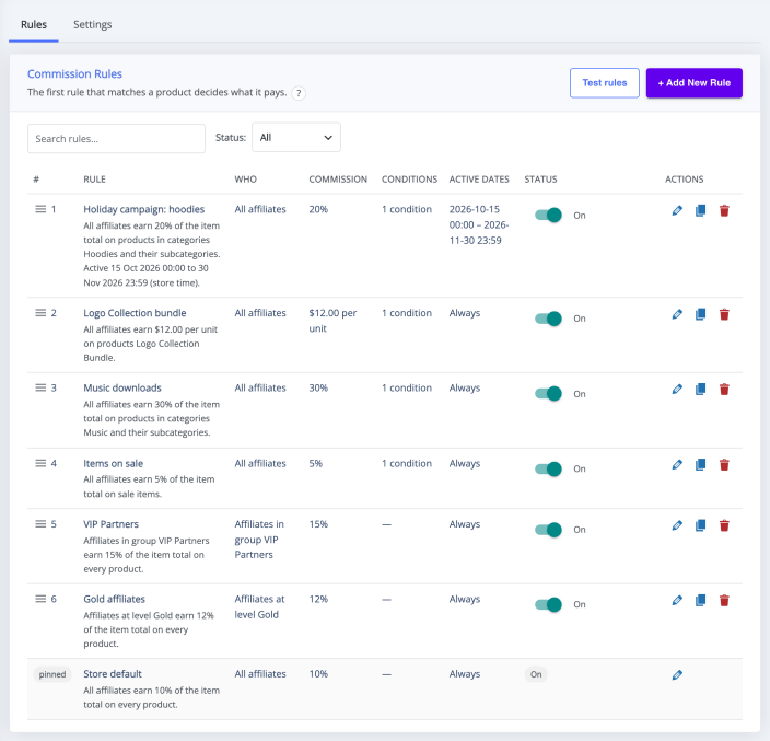 The ordered Commission Rules list, each rule with a status switch, Store default last