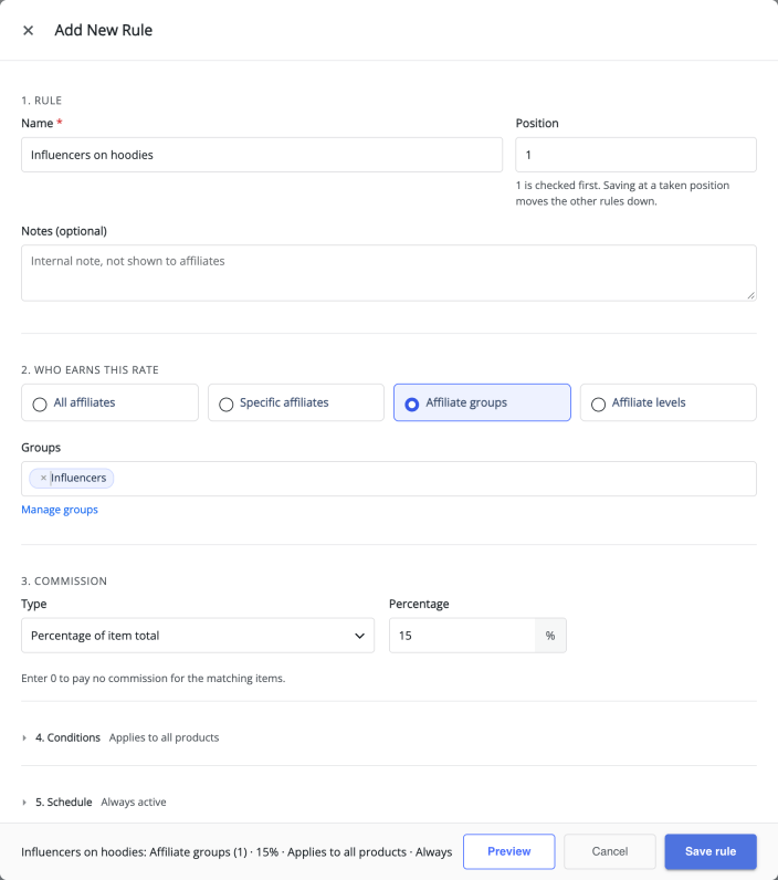 The Add New Rule popup with Who earns this rate set to an affiliate group