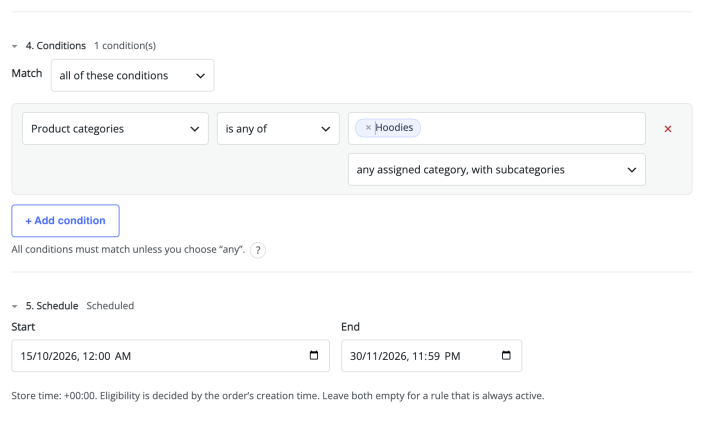 A commission rule's Conditions and Schedule sections, limited to one category and a date range