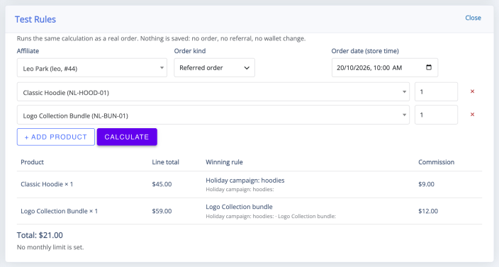 The Test rules panel with an affiliate, two products and the winning rule for each