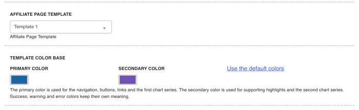The Affiliate Page Template choice with the Template 1 primary and secondary color pickers