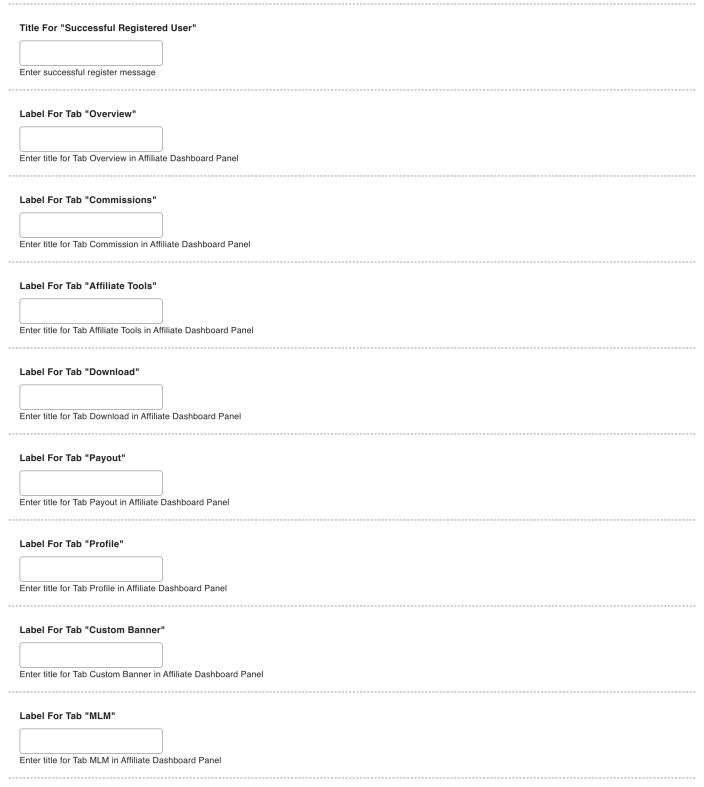The Labels settings for renaming dashboard menu items and the registration success message