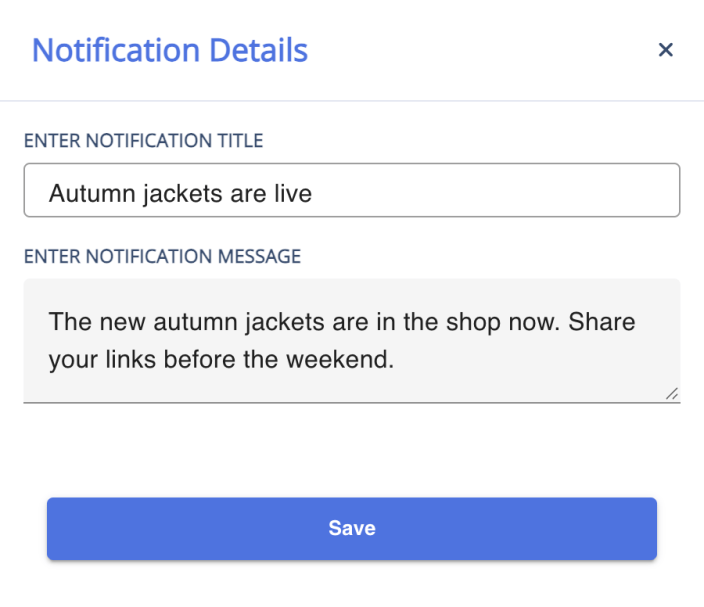 The Notification settings with an announcement title and message being added for affiliates
