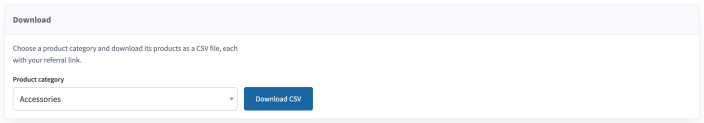 The Download tab where an affiliate downloads a category's products with referral links