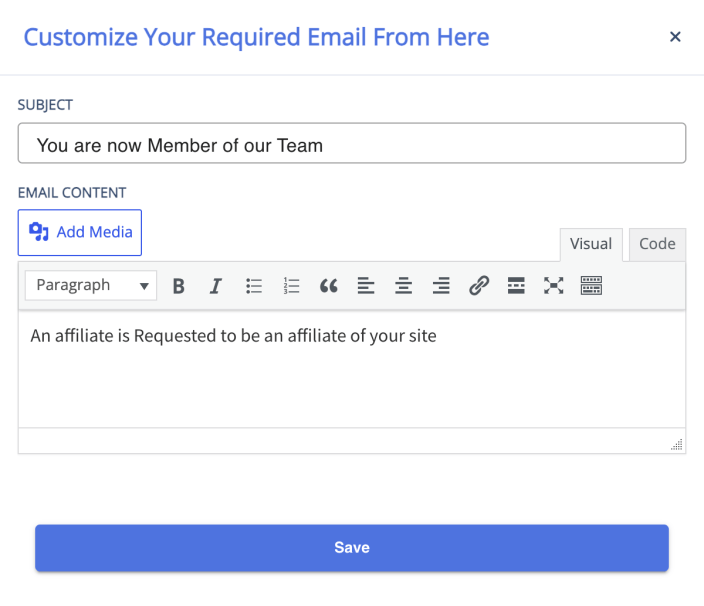 The email customization dialog with the Subject field and the WordPress editor
