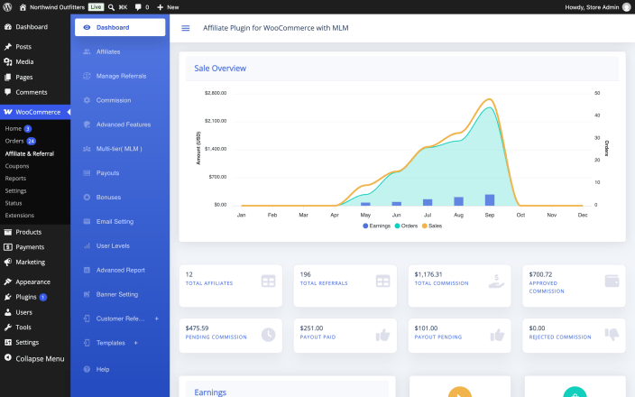 The Affiliate & Referral admin screen with its left-hand menu of program settings