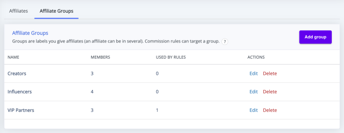 The Affiliate Groups panel listing groups, member counts and the rules that use them