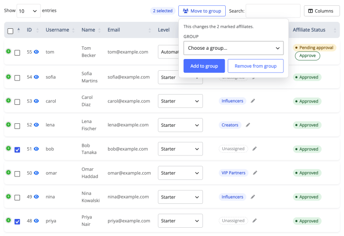 Two marked affiliates with the Move to group control open in the toolbar