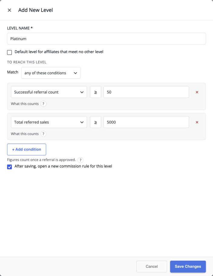 The Add New Level popup with the level name, default-level checkbox and two conditions