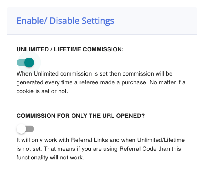 The Enable/Disable settings column with Unlimited / Lifetime Commission switched on