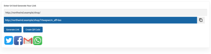 The Generate Link screen with a store address entered and the affiliate's referral link below
