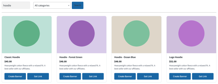 Product search results on the affiliate dashboard, each card with Create banner and Get link