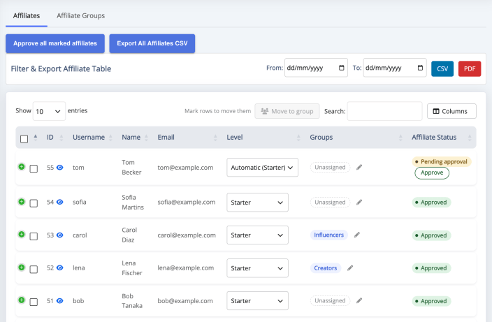 The Affiliates table with each affiliate's level, group chips and approval status