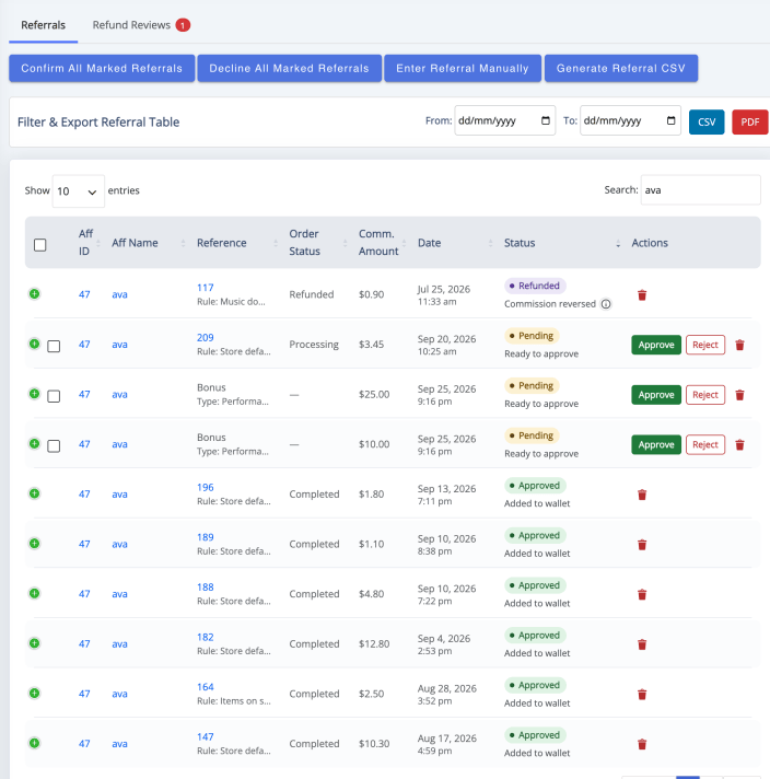 The Manage Referrals screen with status badges on pending, approved, paid and refunded commissions