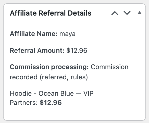 The Affiliate Referral Details box on a WooCommerce order, showing the credited affiliate