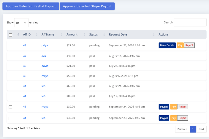 The Payouts screen listing withdrawal requests with their status and per-row payment buttons