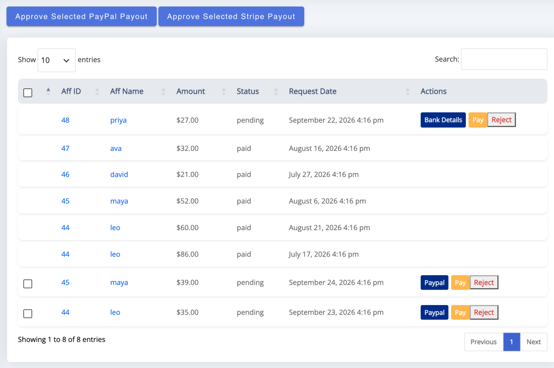 The Payouts screen listing withdrawal requests with their status and per-row payment buttons