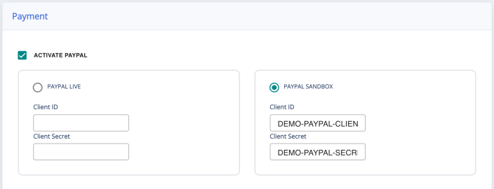 The Payments settings with Activate Paypal on, the live or sandbox choice and credentials