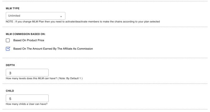 The Multi-tier settings with the MLM Type selector and the Depth and Child fields
