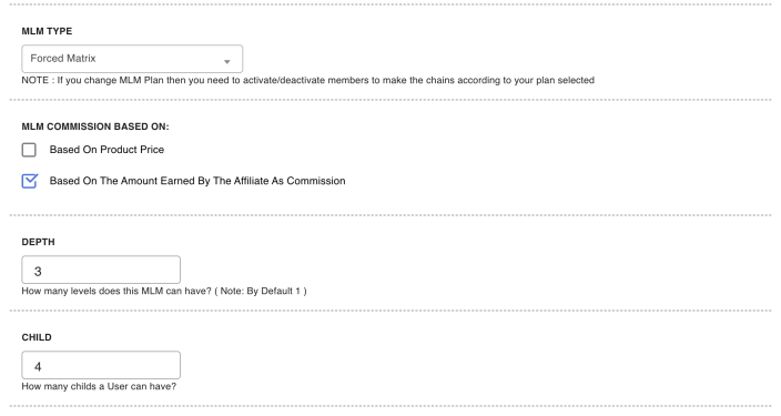 The MLM settings with Forced Matrix selected and the Child field open for the width