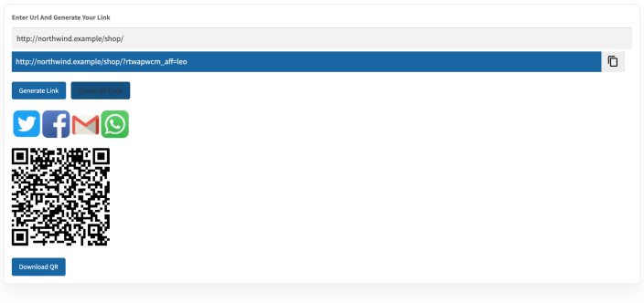 The Generate Link screen with a referral link, its QR code and Download QR