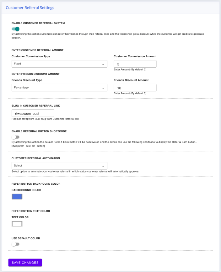 The Customer Referral Settings screen with the program switched on and both reward amounts