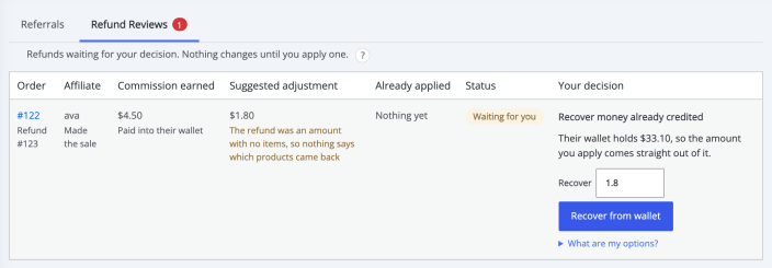 The Refund Reviews tab listing refunded orders with a suggested adjustment and decision for each