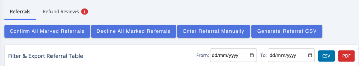 The Filter and Export Referral Table bar with date fields and the Generate Referral CSV button