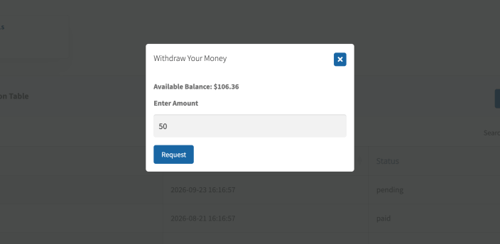 The affiliate dashboard Payout tab with the Withdraw Your Money dialog open
