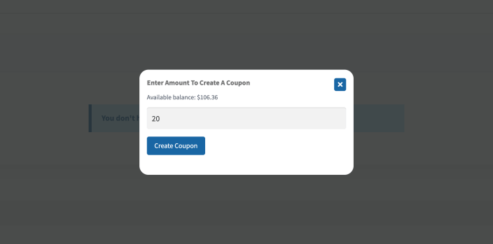 The Coupon generate screen where an affiliate turns wallet balance into a coupon