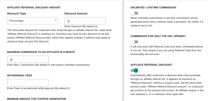 The Affiliate Referral Discount amount set to 5 percent, with its switch on