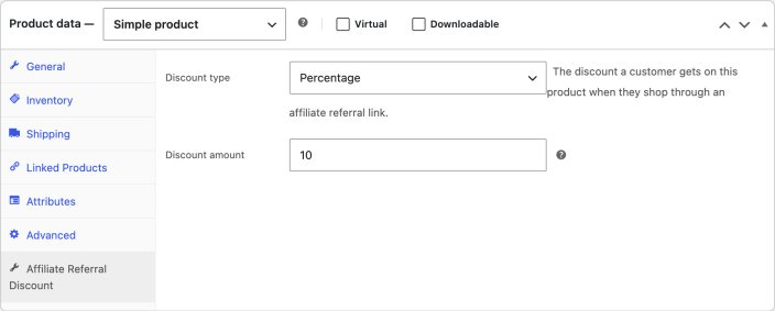 The Affiliate Referral Discount tab in Product data, with a discount type and amount