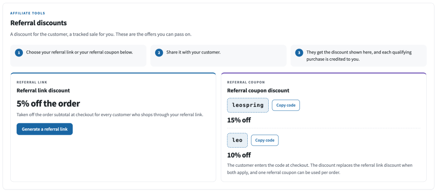 The Referral Discounts section of the affiliate dashboard with the affiliate’s coupon and Copy code