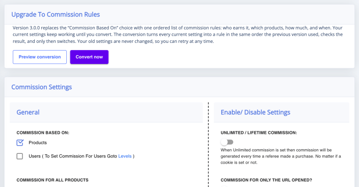 The Upgrade to commission rules card with its Preview conversion and Convert now buttons