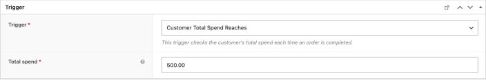 Customer Total Spend Reaches trigger with the total spend threshold set to 500.