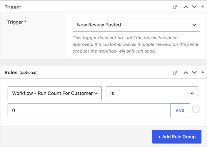 New Review Posted trigger and a rule limiting the workflow to customers with zero previous runs.