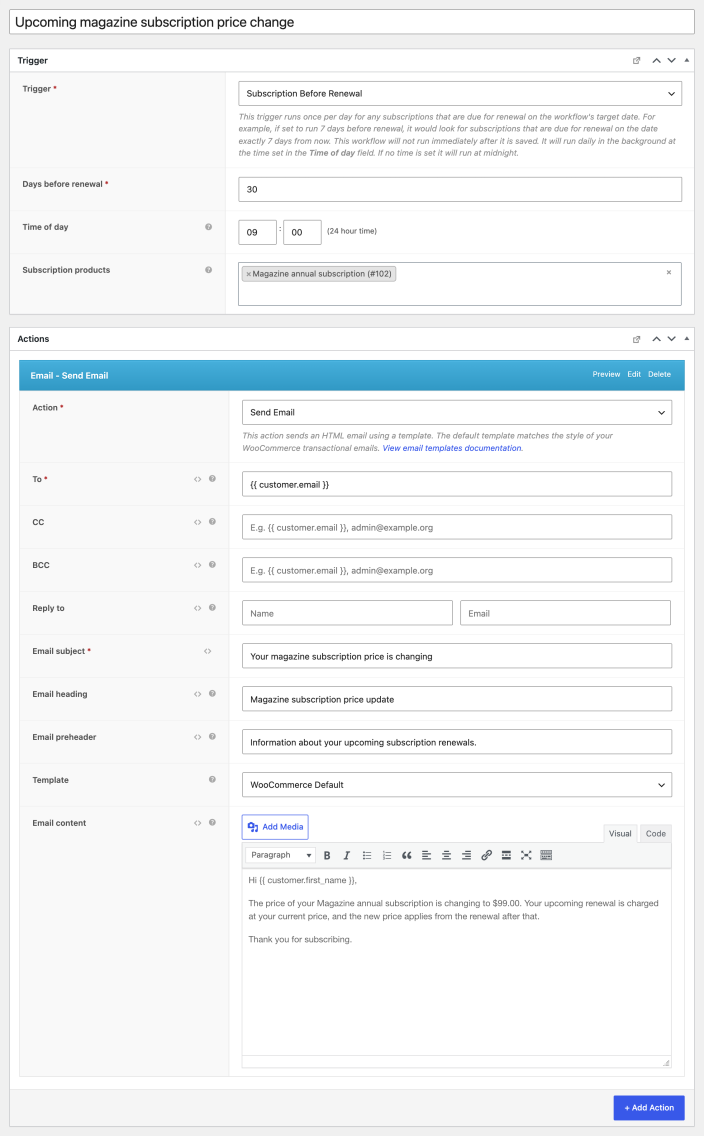 AutomateWoo workflow with the Subscription Before Renewal trigger set to 30 days that emails subscribers about an upcoming magazine subscription price change