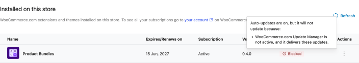 Product Bundles automatic updates show Blocked. The open explanation says WooCommerce.com Update Manager is not active and delivers these updates.