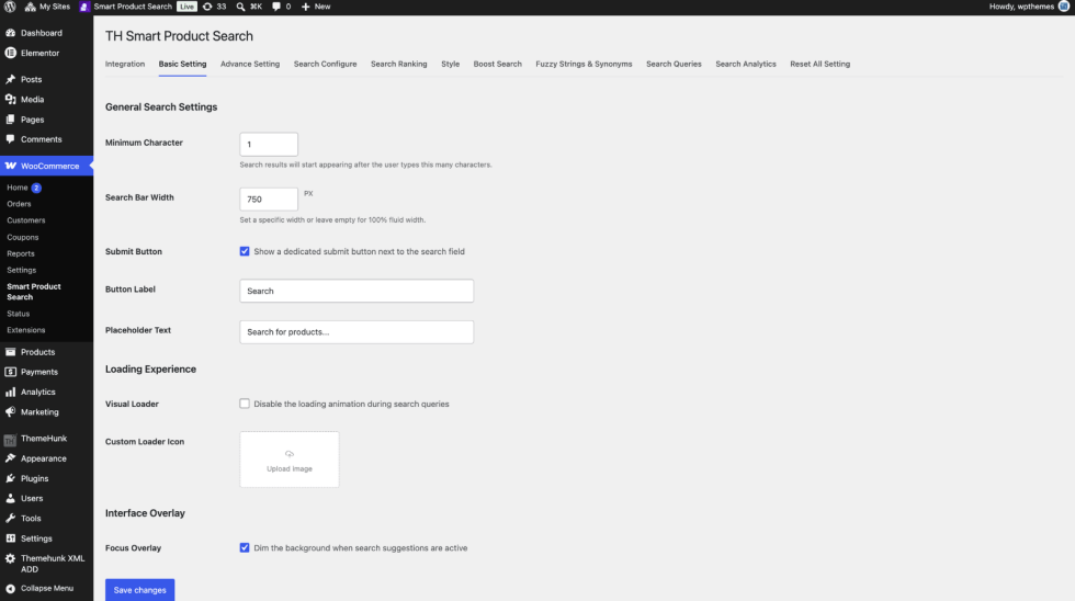 Basic Setting tab showing General Search Settings, Loading Experience and Interface Overlay options.