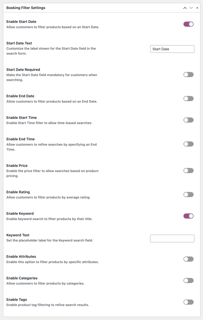 Booking Filter Settings with Start Date and Keyword enabled