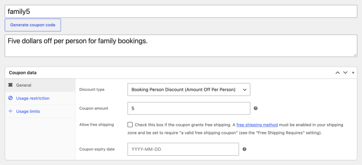 WooCommerce coupon editor with the Booking Person Discount (Amount Off Per Person) discount type and a coupon amount of 5