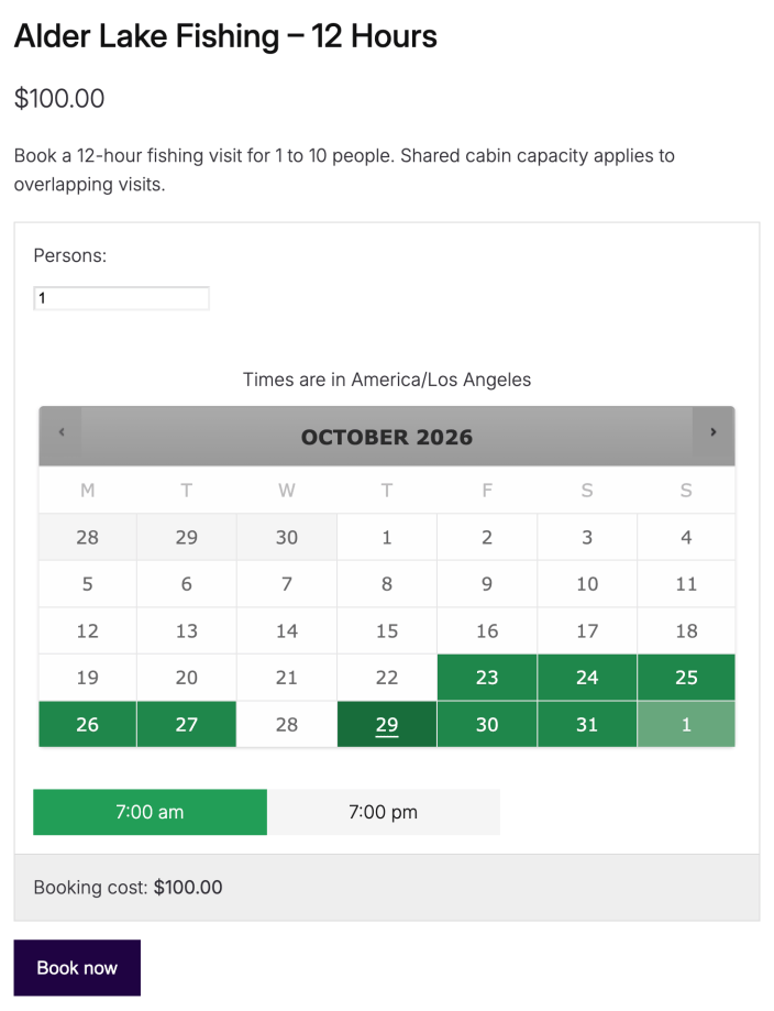 Purple booking form with October 28 fully booked and October 29 selected, offering 7 am and 7 pm starts.